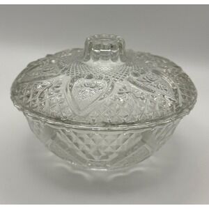 Vintage Pressed Clear Glass Candy Dish with Lid Heart Rose Embossed Pattern 6in